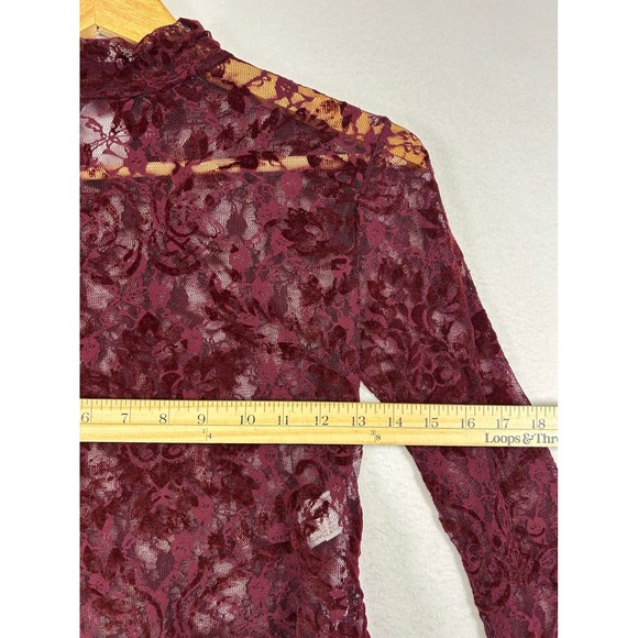 Romantic Goth Forever 21 Small Burgundy Sheer Flocked Floral Lace Mock Neck Top - Picture 7 of 8